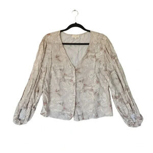 NafNaf Paris Top Blouse Women's Medium Gray & Cream Paisley Floral V-Neck
